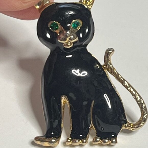 VTG Black Enamel Gold Toned Cat Kitten Brooch Pin Green Eyes 1.5" - Picture 5 of 9